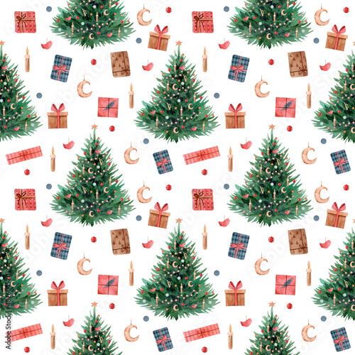 Christmas tree watercolor seamless pattern with gifts. Christmas illustrations on white background.