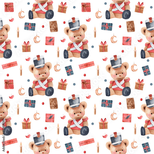 Wallpaper Mural Children Watercolor pattern. Teddy hussar toy seamless pattern Torontodigital.ca