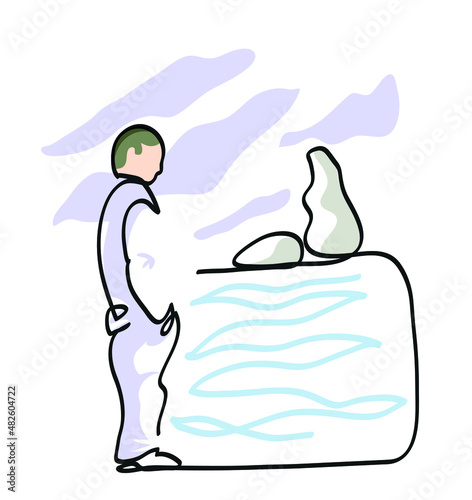 One line drawing of thinking alone man.
One continuous line drawing of standing sad man.