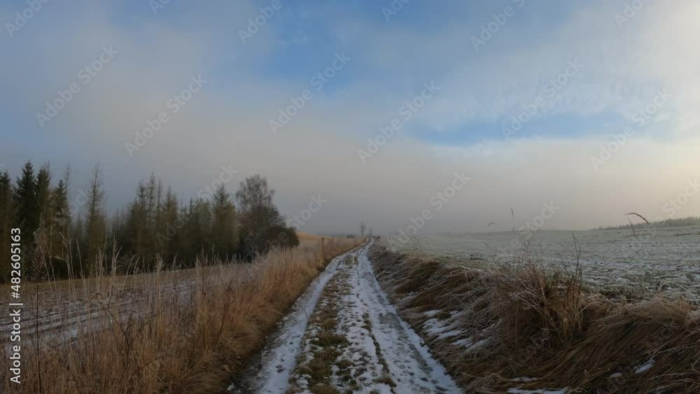 Walking in winter sunny morning. Snowy landscape, Central Europe, Czech Republic Vysocina. Walking in winter sunny morning. Snowy landscape, Central Europe, Czech Republic Vysocina.