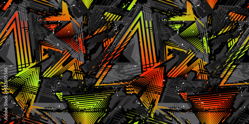 Vector abstract seamless grunge pattern. Urban art texture with neon shapes, brush strokes, ink elements. Grungy geometric graffiti style background. Design for boys and girls, sport textile, clothes