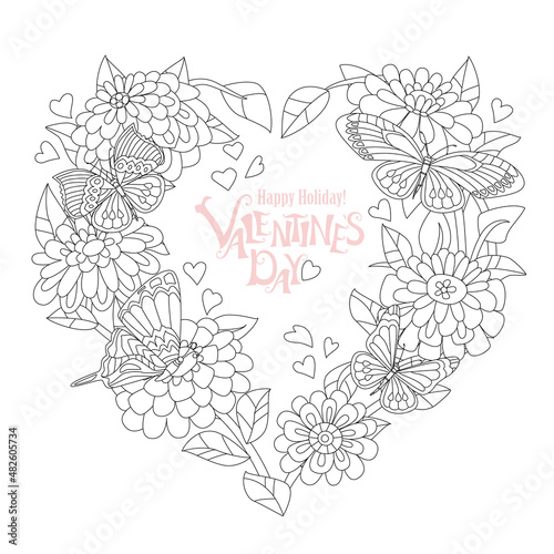 floral heart frame with flowers and butterflies for your colorin