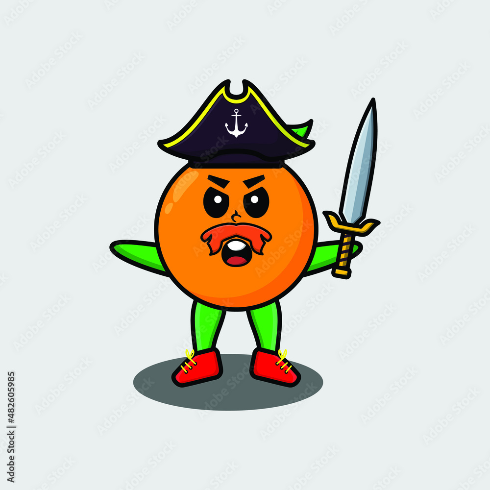 Cute cartoon mascot character orange pirate with hat and holding sword in modern design for t shirt, sticker, logo element Cute cartoon mascot character orange pirate with hat and holding sword in modern design for t shirt, sticker, logo element