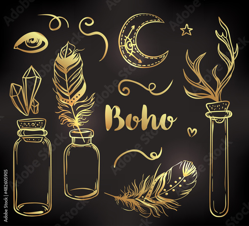 draft. Vector illustrationSet of Boho Chic Style Elements. Vector illustratio...