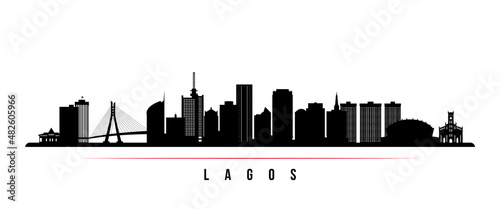 Lagos skyline horizontal banner. Black and white silhouette of Lagos, Nigeria. Vector template for your design.