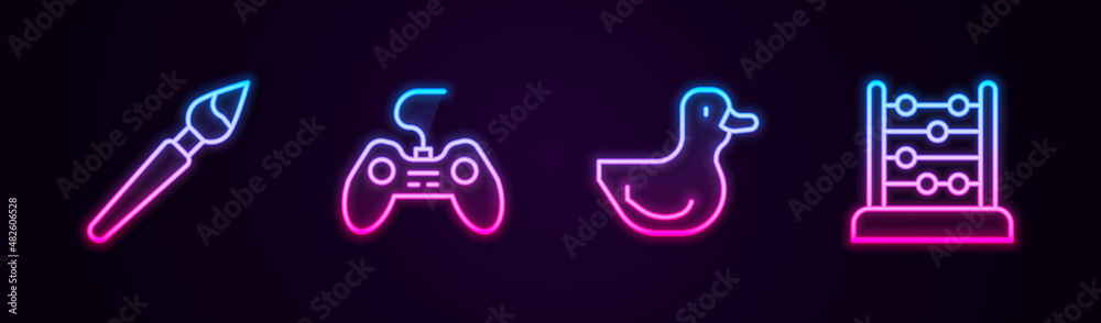 Set line Paint brush, Gamepad, Rubber duck and Abacus. Glowing neon icon. Vector