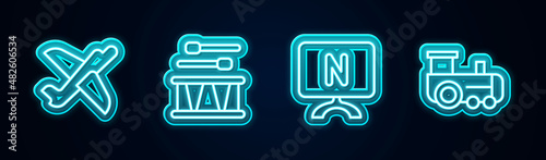 Set line Toy plane, Drum with drum sticks, Smart Tv and train. Glowing neon icon. Vector