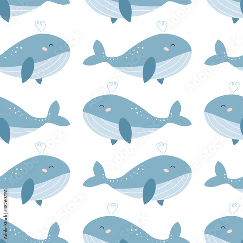 Childish seamless pattern with cute cartoon whales on white background. Underwater life. Hand drawn fish. Vector illustration.