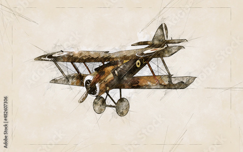 Photo Illustration Sketch of a old airplane flying
