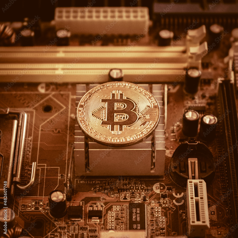 Fototapeta premium Golden bitcoin coin on computer motherboard, Bitcoin mining and trading concept