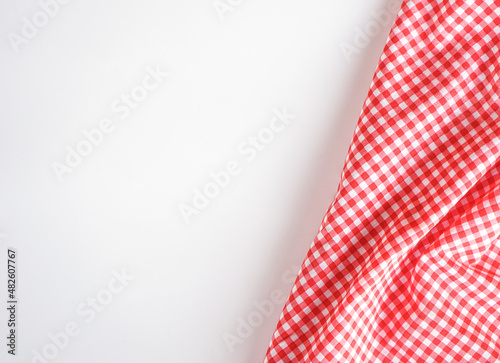 crumple pink plaid fabric or classic tablecloth on white background with copy space