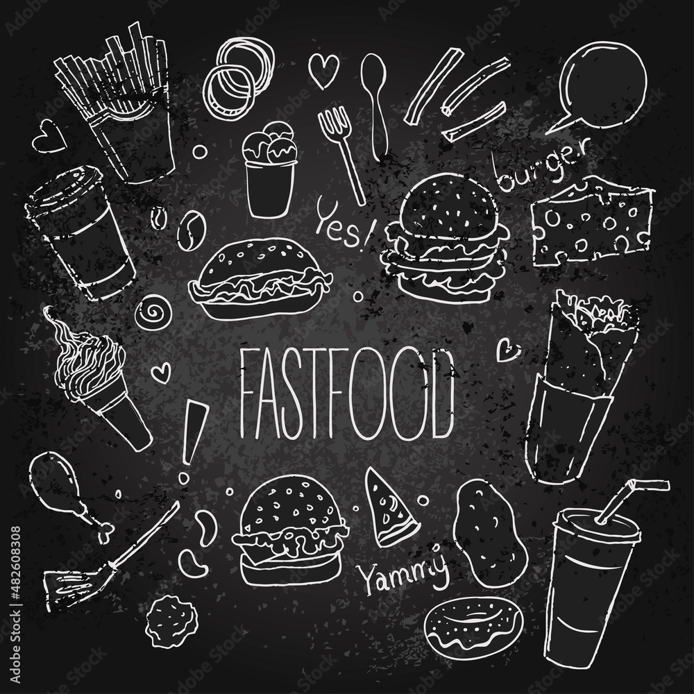 Fastfood delicious hand drawn vector seamless doodles pattern with burgers, hot dogs and french fries, and other on note paper sheet Fastfood delicious hand drawn vector seamless doodles pattern with burgers, hot dogs and french fries, and other on note paper sheet