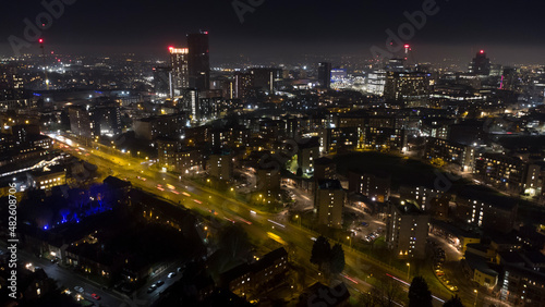Birmingham UK aerial view at night with misty sky