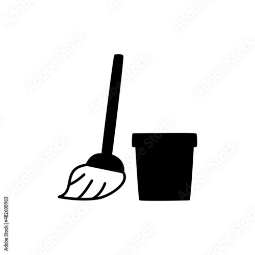 Mop and bucket icon in black flat glyph, filled style isolated on white background