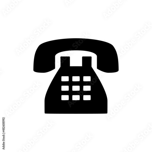 Telephone icon in black flat glyph, filled style isolated on white background