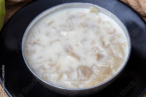 Turkish Traditional Tripe Soup on a linen background. Local name iskembe corbasi..