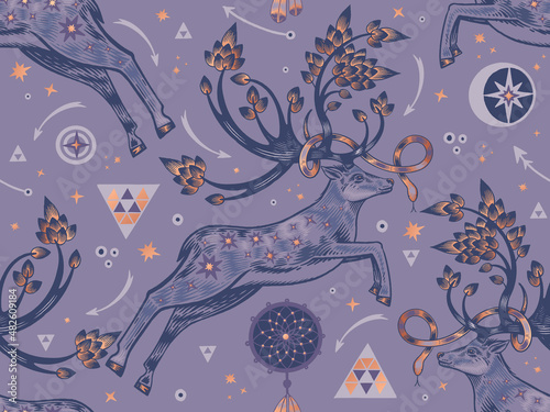 Animal seamless pattern. Deer in fantasy garden.  Trees, dream catcher, symbols, signs.