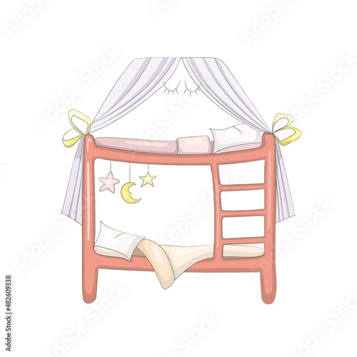 Nice cartoon bunk bed that looks like a sleeping character. Fairy-tale furniture. Toy house. Hand drawn vector illustration. Children's picture for the development of imagination and fantasy.