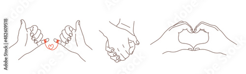 Set of different hands gestures. Holding hands, showing heart shape, red thread of fate.  Valentine's day greeting card. Hand drawn vector line art illustration
