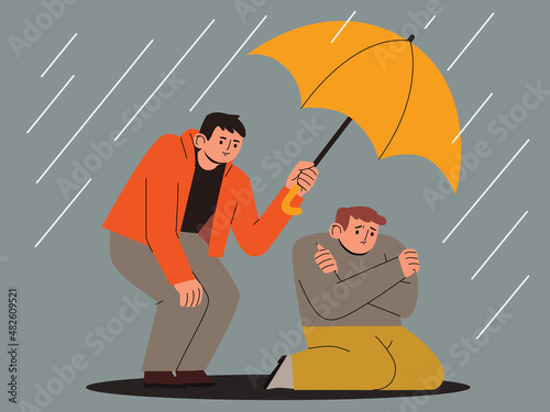 Happy man holding an umbrella to protect his sad friend from rain.  The concept of support and care for people under stress. Mental health concept.  Hand drawn vector  cartoon style illustration