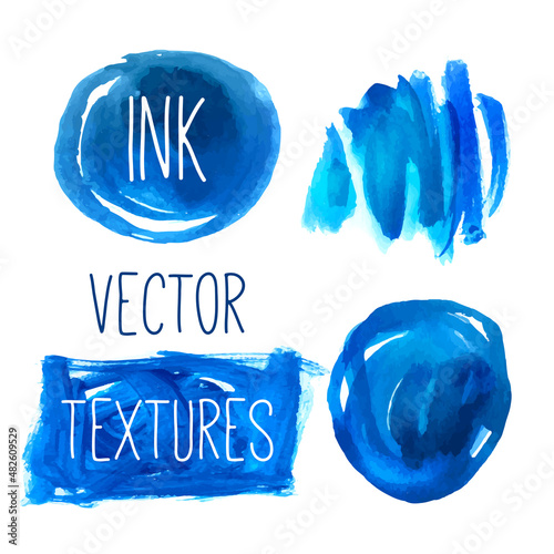 Blue ink or watercolor design elements. Vector illustration