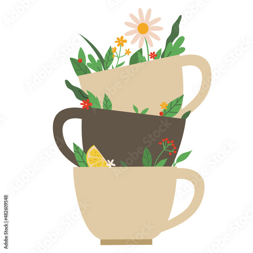 Pile of teacups with tea, citruses, berries, herbs and flowers. Stack of porcelain cups. Heap of mugs one in another. Hand drawn vector flat cartoon style illustration