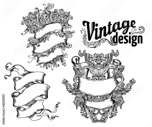 Vintage design elements set: Ribbons. Black outlines isolated on white. Vecto...