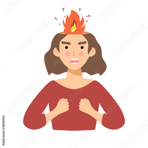 Angry woman. Head Vector illustration of anger, fury, annoyance. Anger, stressed Burnout, stress, emotional problem abstract concept. Burning brain. flame. flat character Depressed or mental illness.