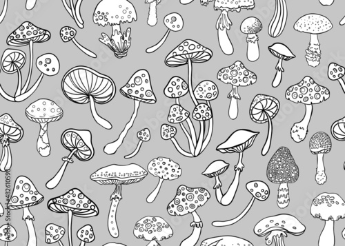 Magic mushrooms seamless pattern. Psychedelic hallucination. 60s hippie colorful art. Vintage psychedelic textile, fabric, wrapping, wallpaper. Vector repeating illustration.