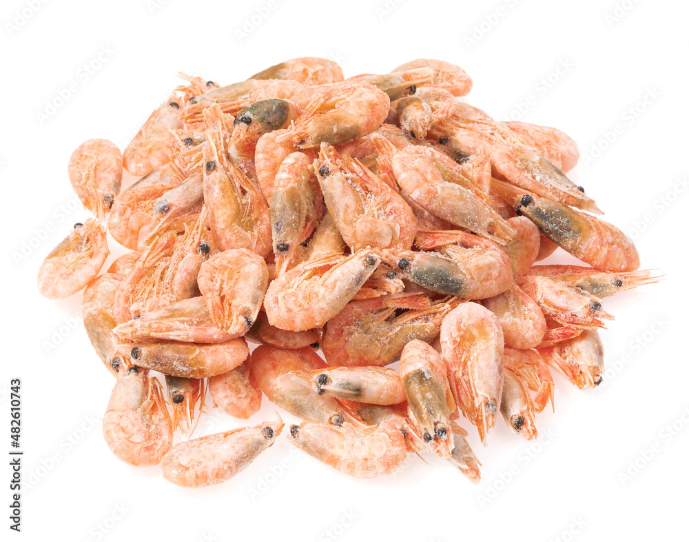Unpeeled frozen shrimp on a white background Unpeeled frozen shrimp on a white background
