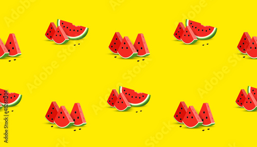 Seamless pattern with red slice watermelon on yellow background.