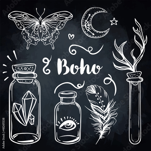Gypsy Love: Set of Ornamental Boho Style Elements. Vector illustration. Tatto...