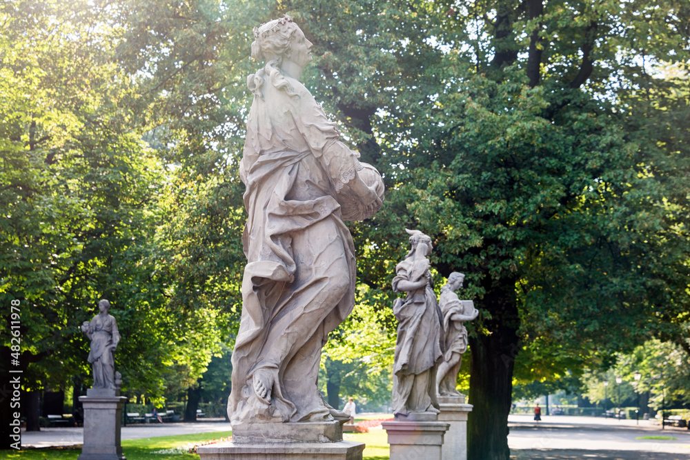 Sandstone statues in the Saxon Garden, Warsaw, Poland. Made before 1745 by anonymous Warsaw sculptor under the direction of Johann Georg Plersch