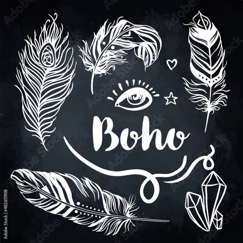 Gypsy Love: Set of Ornamental Boho Style Elements. Vector illustration. Tatto...