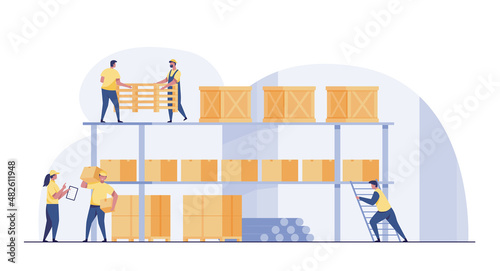 Warehouse Interior Box On Rack And People Working. vector illustration