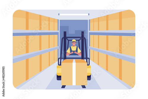 Forklift truck with man driving.