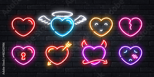 Vector set of realistic isolated neon sign of Heart logo for template decoration and layout covering on the wall background. Concept of Happy Valentines Day.