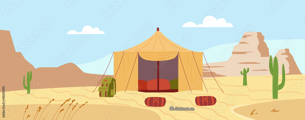 Bedouin shelter tent in desert landscape, flat cartoon vector illustration.