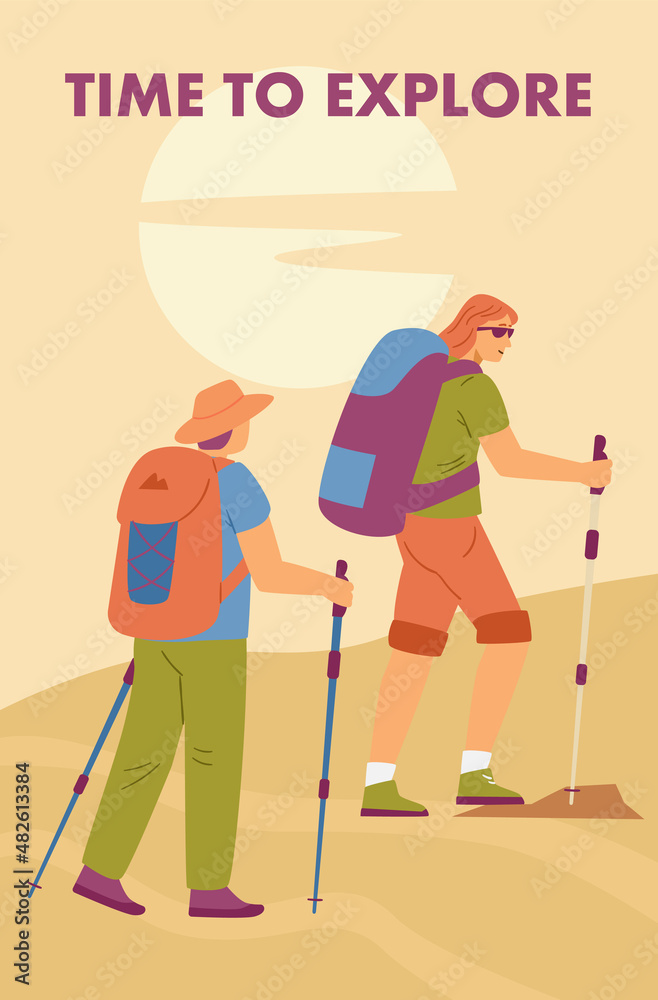 Banner or poster with tourists hiking in desert, cartoon vector illustration. Banner or poster with tourists hiking in desert, cartoon vector illustration.