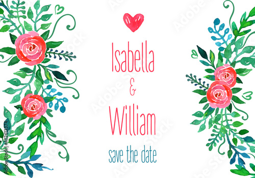 Boho style wedding invitation template. Watercolor illustration.