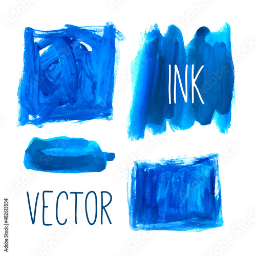 Blue ink or watercolor design elements. Vector illustration