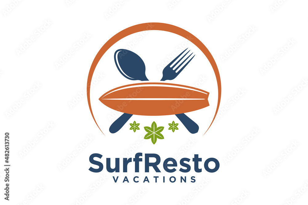 Sun, Fork, and Surf Board for Beach Restaurant logo design Sun, Fork, and Surf Board for Beach Restaurant logo design