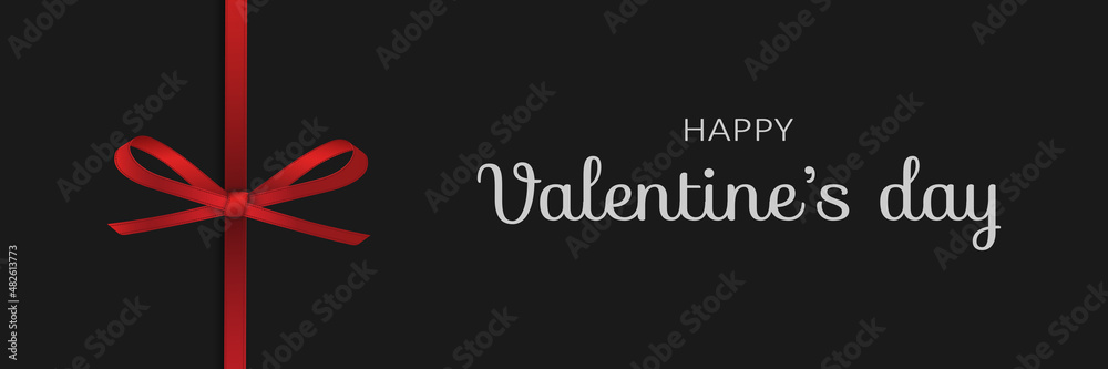 Happy Valentines day banner with a red ribbon and a beautiful realistic bow on a black background. Vector illustration Happy Valentines day banner with a red ribbon and a beautiful realistic bow on a black background. Vector illustration