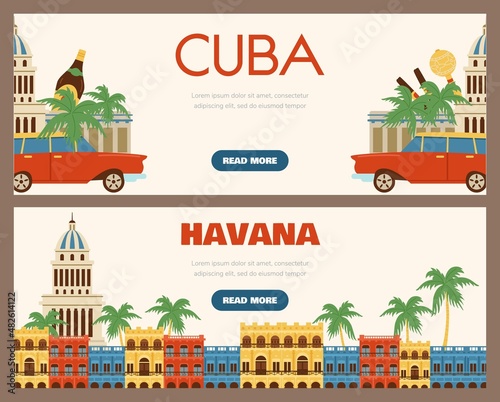 Cuba Havana travel tourism posters or flyers set, flat vector illustration.
