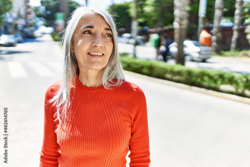 Middle age grey-haired woman smiling happy standing at the city. Middle age grey-haired woman smiling happy standing at the city.