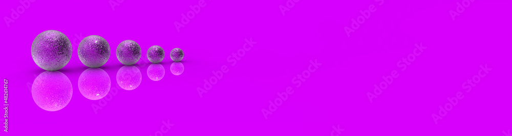 Five balls of metal of different sizes on Magenta Purple background. Growth of something. Progress. Reflection. Banner for insertion into site. Horizontal image. 3D image. 3D rendering. Five balls of metal of different sizes on Magenta Purple background. Growth of something. Progress. Reflection. Banner for insertion into site. Horizontal image. 3D image. 3D rendering.