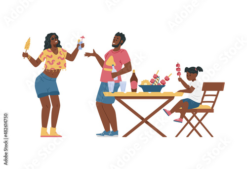 Family has party outside with drinks and grilled food, flat vector illustration isolated on white background.