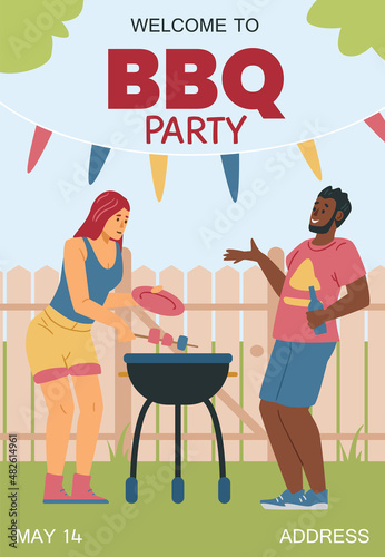 Happy couple cooks on grill or barbecue, BBQ party invitation poster - flat vector illustration.