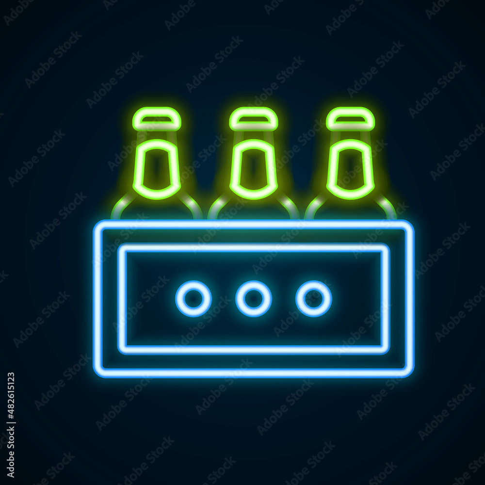 Glowing neon line Pack of beer bottles icon isolated on black background. Wooden box and beer bottles. Case crate beer box sign. Colorful outline concept. Vector Glowing neon line Pack of beer bottles icon isolated on black background. Wooden box and beer bottles. Case crate beer box sign. Colorful outline concept. Vector