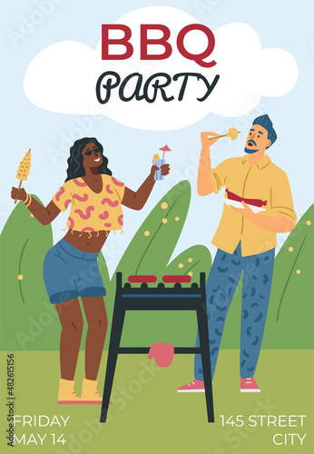 Barbecue party flat vector poster or invitation. Black woman and white man stand beside grill and have fun.